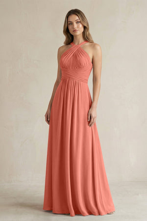 Cross Halter A - Line Pleated Bridesmaid Dress in Wild Rose - SHE IS ME Bridesmaid Dresses