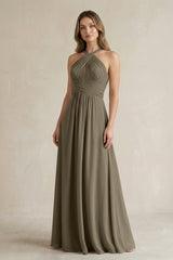 Cross Halter A - Line Pleated Bridesmaid Dress in Willow Green - KISS BRIDAL Bridesmaid Dresses