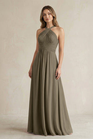 Cross Halter A - Line Pleated Bridesmaid Dress in Willow Green - SHE IS ME Bridesmaid Dresses