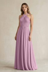 Cross Halter A - Line Pleated Bridesmaid Dress in Wisteria - KISS BRIDAL Bridesmaid Dresses