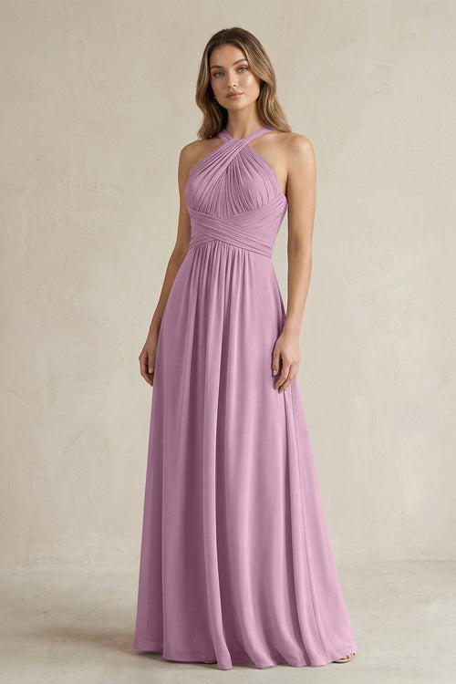Cross Halter A - Line Pleated Bridesmaid Dress in Wisteria - SHE IS ME Bridesmaid Dresses