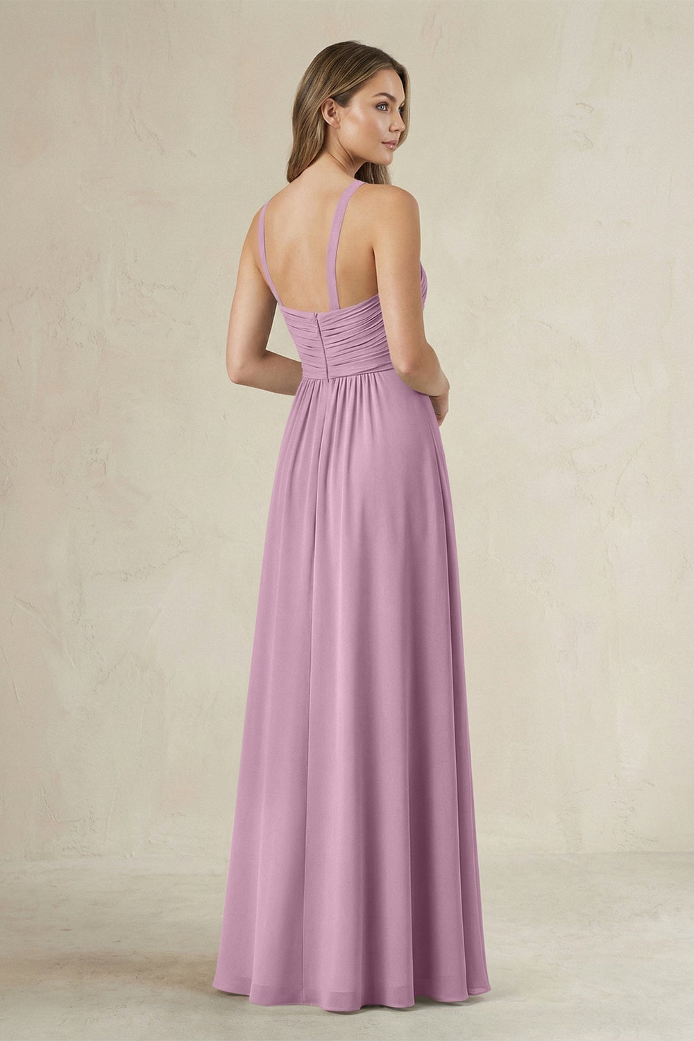 Cross Halter A - Line Pleated Bridesmaid Dress in Wisteria - KISS BRIDAL Bridesmaid Dresses