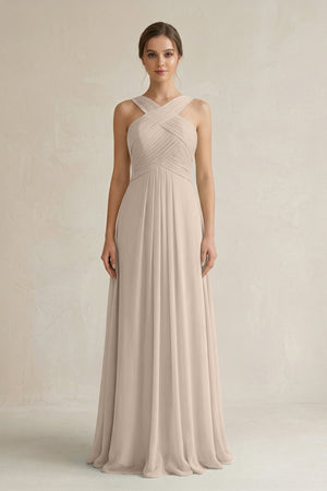 Cross Halter Chiffon A - Line Pleated Bridesmaid Dress in Almond - SHE IS ME Bridesmaid Dresses