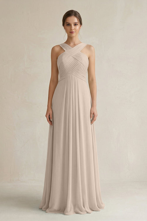Cross Halter Chiffon A - Line Pleated Bridesmaid Dress in Almond - SHE IS ME Bridesmaid Dresses