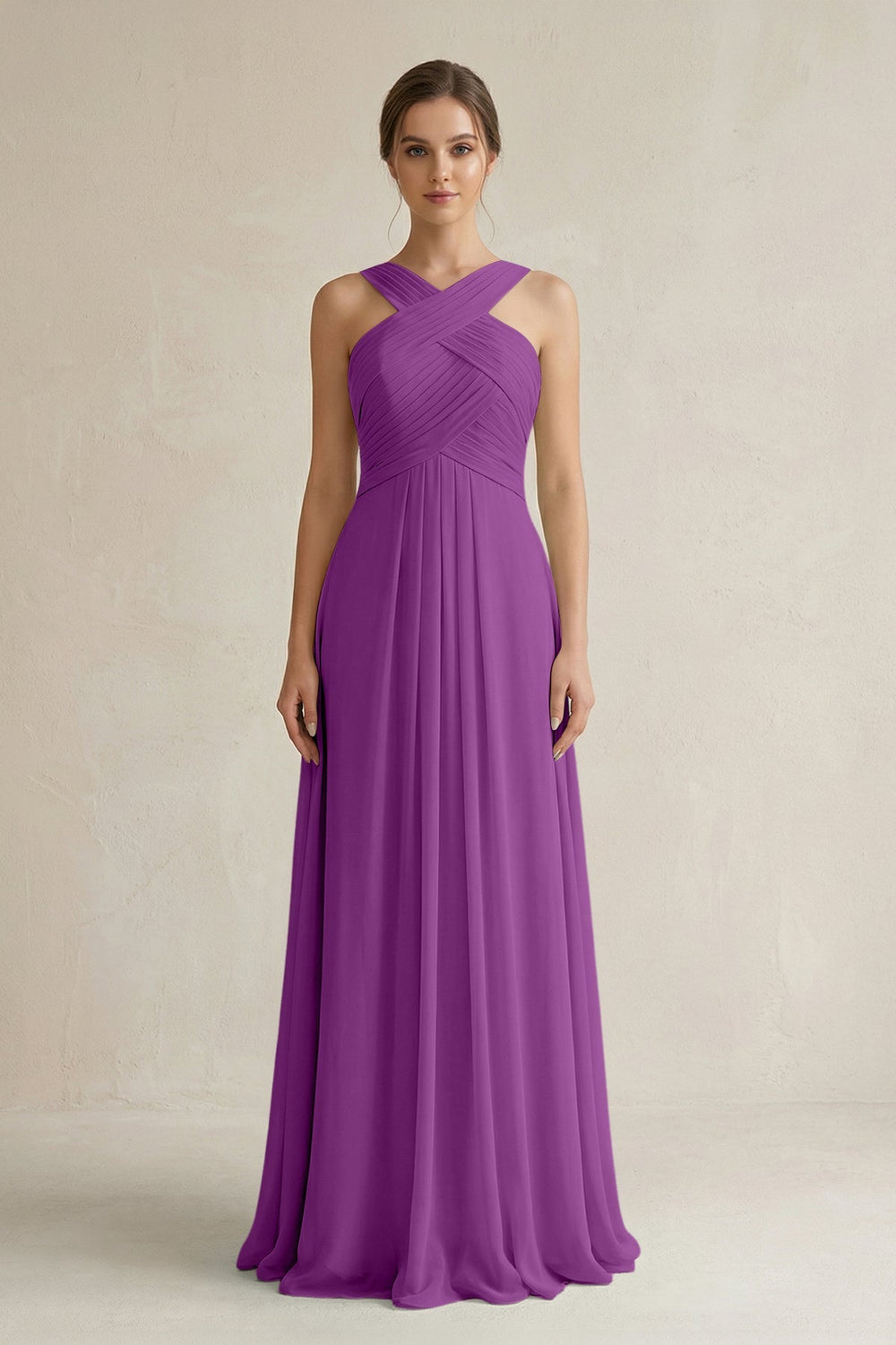 Cross Halter Chiffon A - Line Pleated Bridesmaid Dress in Amethyst - SHE IS ME Bridesmaid Dresses