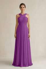 Cross Halter Chiffon A - Line Pleated Bridesmaid Dress in Amethyst - KISS BRIDAL Bridesmaid Dresses