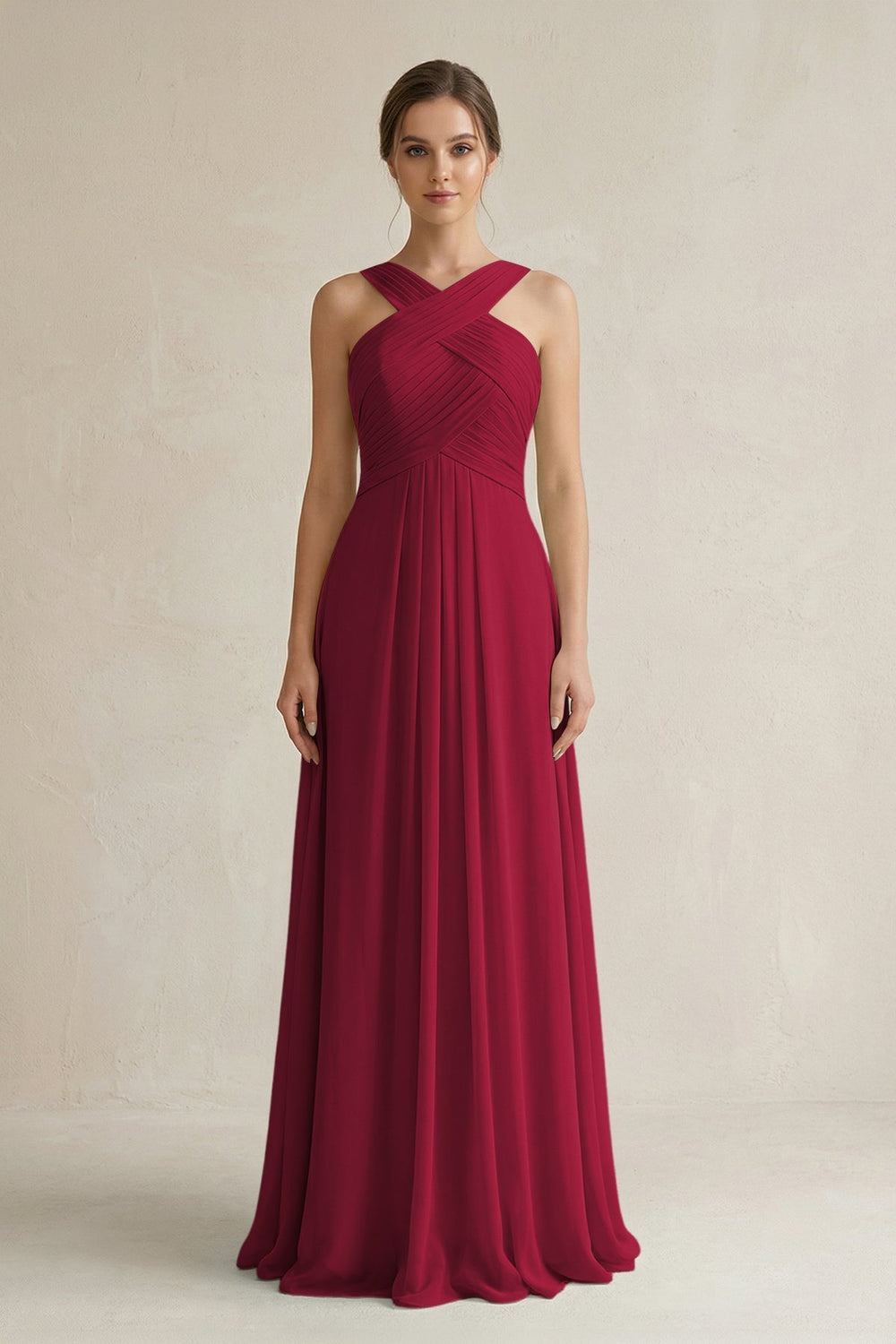 Cross Halter Chiffon A - Line Pleated Bridesmaid Dress in Berry - SHE IS ME Bridesmaid Dresses