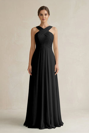 Cross Halter Chiffon A - Line Pleated Bridesmaid Dress in Black - SHE IS ME Bridesmaid Dresses