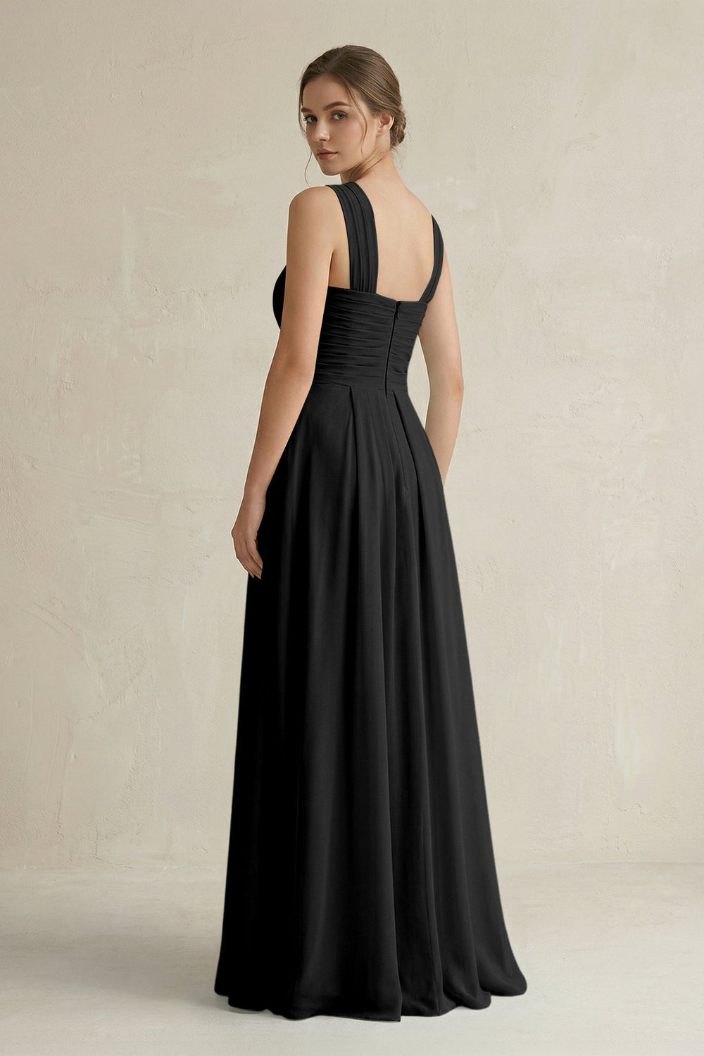 Cross Halter Chiffon A - Line Pleated Bridesmaid Dress in Black - SHE IS ME Bridesmaid Dresses