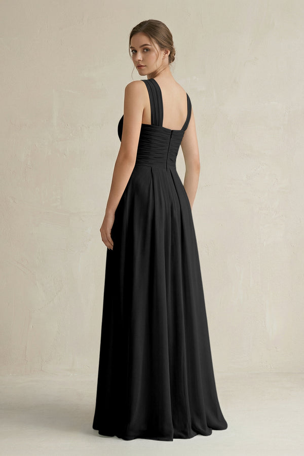 Cross Halter Chiffon A - Line Pleated Bridesmaid Dress in Black - SHE IS ME Bridesmaid Dresses
