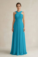 Cross Halter Chiffon A - Line Pleated Bridesmaid Dress in Blue Jay - SHE IS ME Bridesmaid Dresses
