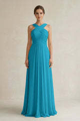Cross Halter Chiffon A - Line Pleated Bridesmaid Dress in Blue Jay - KISS BRIDAL Bridesmaid Dresses