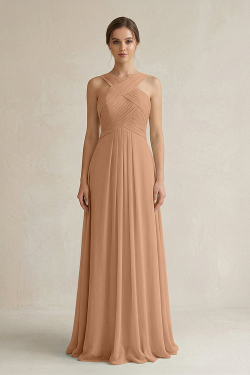 Cross Halter Chiffon A - Line Pleated Bridesmaid Dress in Bronzer - SHE IS ME Bridesmaid Dresses