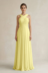 Cross Halter Chiffon A - Line Pleated Bridesmaid Dress in Buttercup - KISS BRIDAL Bridesmaid Dresses