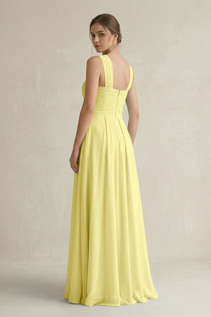 Cross Halter Chiffon A - Line Pleated Bridesmaid Dress in Buttercup - SHE IS ME Bridesmaid Dresses