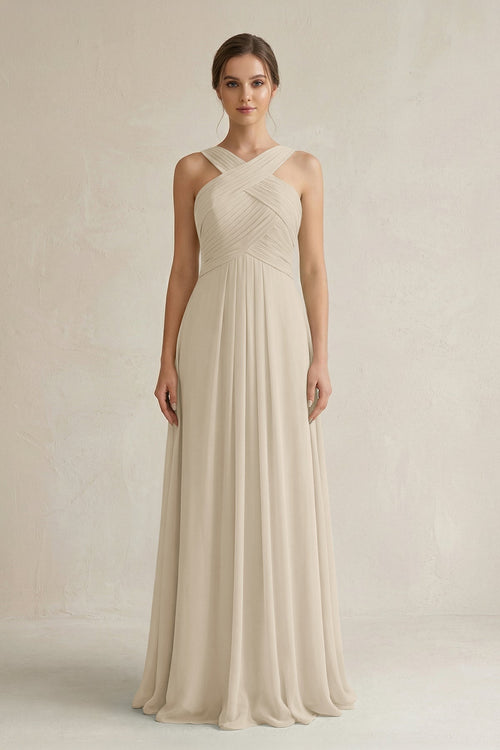 Cross Halter Chiffon A - Line Pleated Bridesmaid Dress in Champagne - SHE IS ME Bridesmaid Dresses