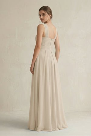 Cross Halter Chiffon A - Line Pleated Bridesmaid Dress in Champagne - SHE IS ME Bridesmaid Dresses