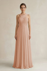 Cross Halter Chiffon A - Line Pleated Bridesmaid Dress in Champagne Rose - KISS BRIDAL Bridesmaid Dresses
