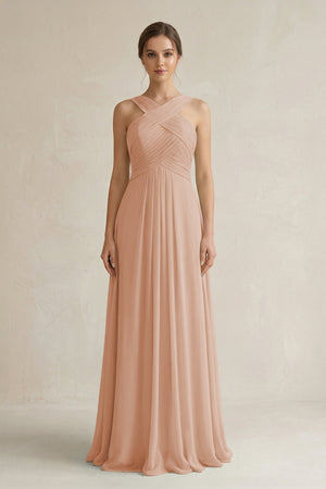 Cross Halter Chiffon A - Line Pleated Bridesmaid Dress in Champagne Rose - SHE IS ME Bridesmaid Dresses