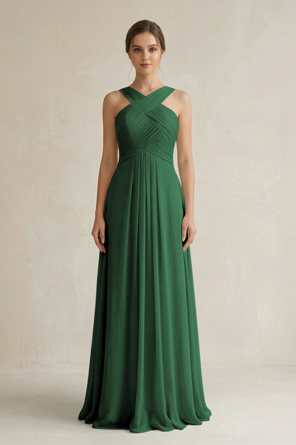 Cross Halter Chiffon A - Line Pleated Bridesmaid Dress in Dark Green - SHE IS ME Bridesmaid Dresses