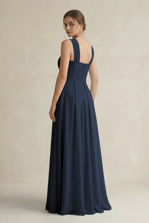 Cross Halter Chiffon A - Line Pleated Bridesmaid Dress in Dark Navy - SHE IS ME Bridesmaid Dresses