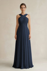 Cross Halter Chiffon A - Line Pleated Bridesmaid Dress in Dark Navy - KISS BRIDAL Bridesmaid Dresses