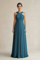Cross Halter Chiffon A - Line Pleated Bridesmaid Dress in Dark Teal - KISS BRIDAL Bridesmaid Dresses