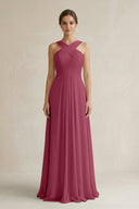 Cross Halter Chiffon A - Line Pleated Bridesmaid Dress in Desert Rose - SHE IS ME Bridesmaid Dresses