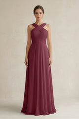 Cross Halter Chiffon A-Line Pleated Bridesmaid Dress in Desert Rose | KISSBRIDAL