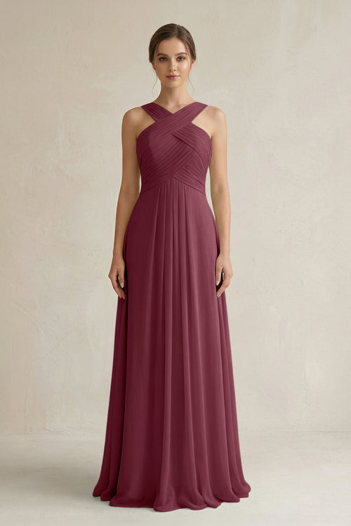 Cross Halter Chiffon A-Line Pleated Bridesmaid Dress in Desert Rose | KISSBRIDAL