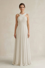 Cross Halter Chiffon A - Line Pleated Bridesmaid Dress in Dove Gray - KISS BRIDAL Bridesmaid Dresses