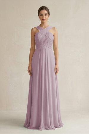 Cross Halter Chiffon A - Line Pleated Bridesmaid Dress in Dusk - SHE IS ME Bridesmaid Dresses