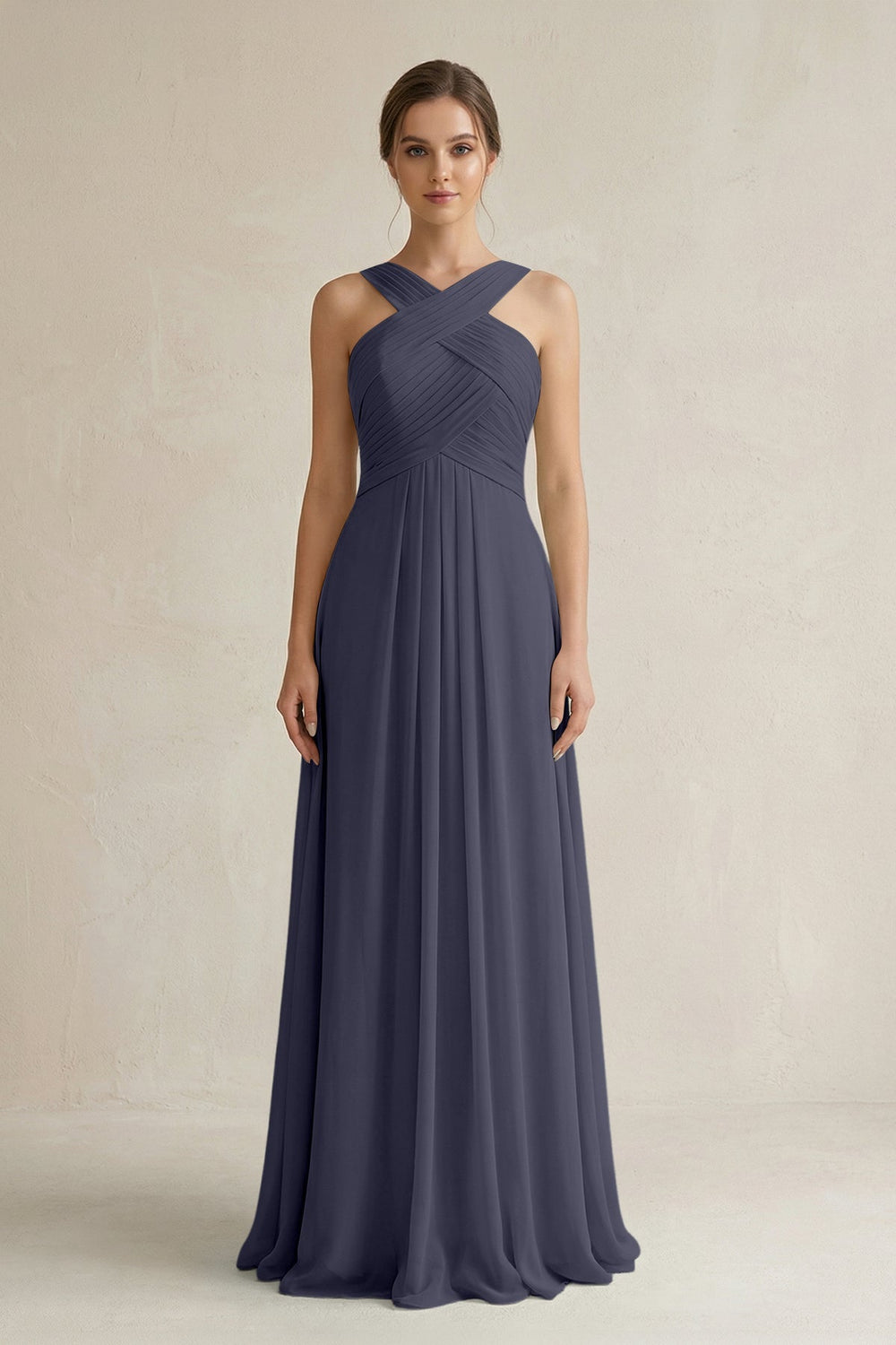 Cross Halter Chiffon A - Line Pleated Bridesmaid Dress in Dusk Blue - SHE IS ME Bridesmaid Dresses