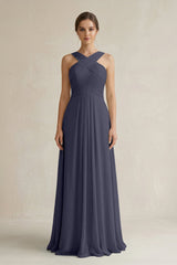 Cross Halter Chiffon A - Line Pleated Bridesmaid Dress in Dusk Blue - KISS BRIDAL Bridesmaid Dresses