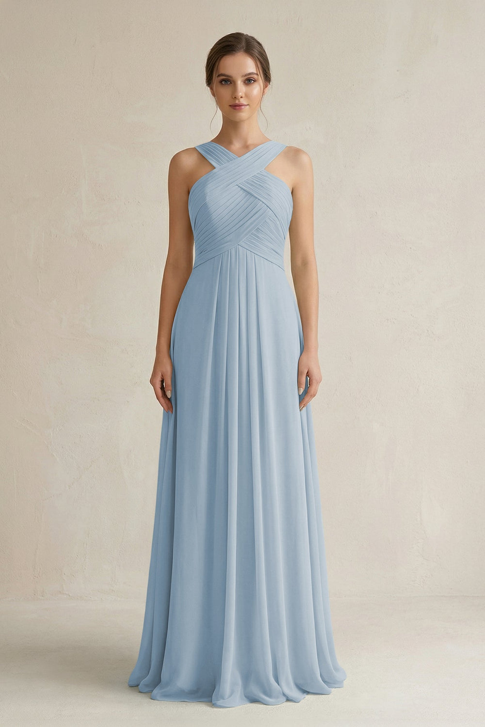 Cross Halter Chiffon A - Line Pleated Bridesmaid Dress in Dusty Blue - SHE IS ME Bridesmaid Dresses