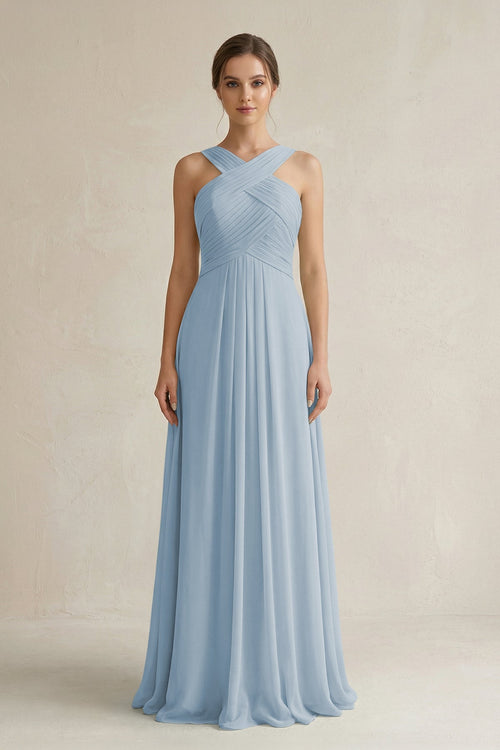 Cross Halter Chiffon A - Line Pleated Bridesmaid Dress in Dusty Blue - SHE IS ME Bridesmaid Dresses