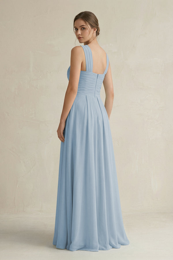 Cross Halter Chiffon A - Line Pleated Bridesmaid Dress in Dusty Blue - SHE IS ME Bridesmaid Dresses