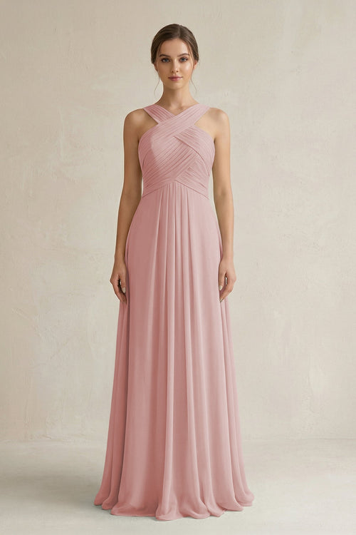 Cross Halter Chiffon A - Line Pleated Bridesmaid Dress in Dusty Rose - SHE IS ME Bridesmaid Dresses