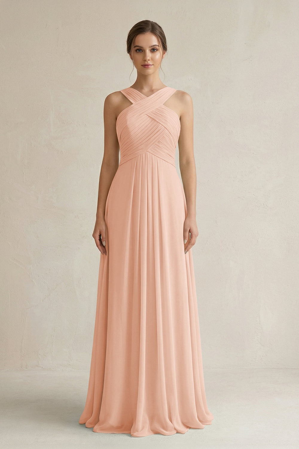 Cross Halter Chiffon A - Line Pleated Bridesmaid Dress in English Rose - SHE IS ME Bridesmaid Dresses