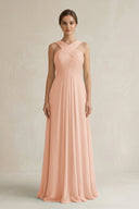 Cross Halter Chiffon A - Line Pleated Bridesmaid Dress in English Rose - SHE IS ME Bridesmaid Dresses