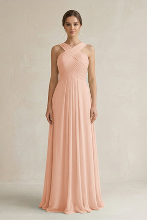 Cross Halter Chiffon A - Line Pleated Bridesmaid Dress in English Rose - SHE IS ME Bridesmaid Dresses