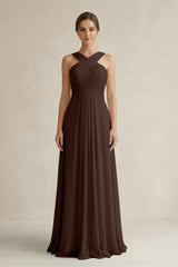 Cross Halter Chiffon A - Line Pleated Bridesmaid Dress in Espresso - KISS BRIDAL Bridesmaid Dresses