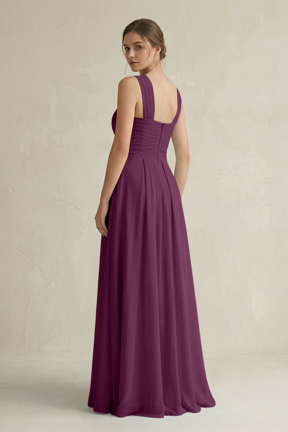 Cross Halter Chiffon A - Line Pleated Bridesmaid Dress in Fig - SHE IS ME Bridesmaid Dresses