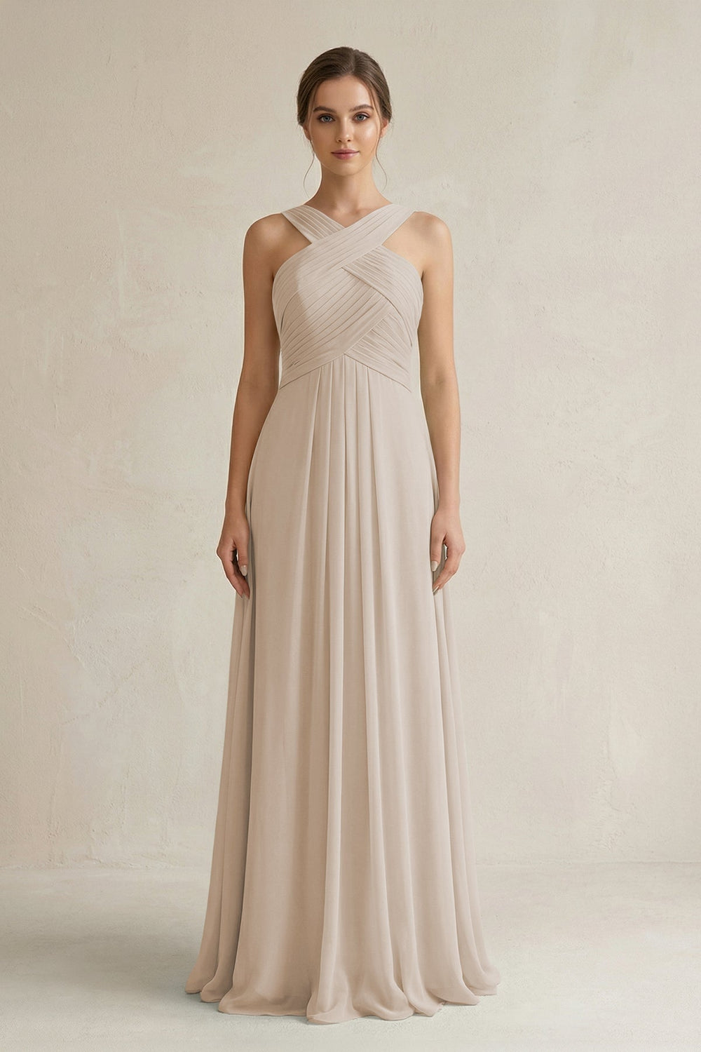 Cross Halter Chiffon A - Line Pleated Bridesmaid Dress in Frost - SHE IS ME Bridesmaid Dresses