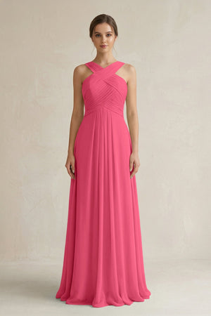 Cross Halter Chiffon A - Line Pleated Bridesmaid Dress in Fuchsia - SHE IS ME Bridesmaid Dresses