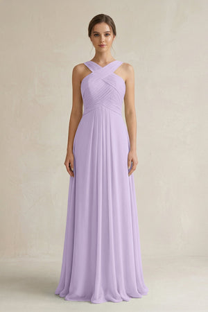 Cross Halter Chiffon A - Line Pleated Bridesmaid Dress in Lavender - SHE IS ME Bridesmaid Dresses
