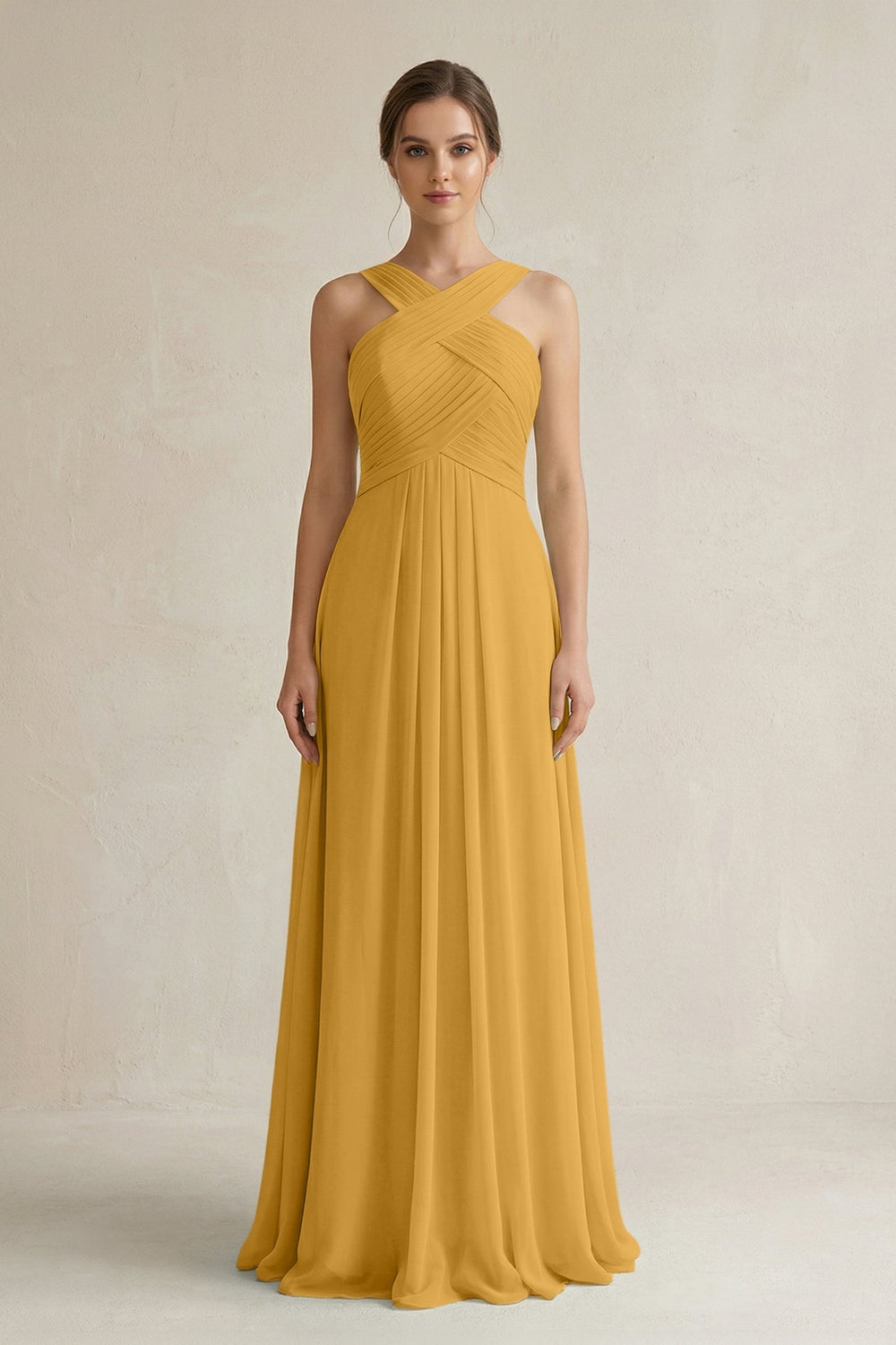 Cross Halter Chiffon A - Line Pleated Bridesmaid Dress in Marigold - SHE IS ME Bridesmaid Dresses