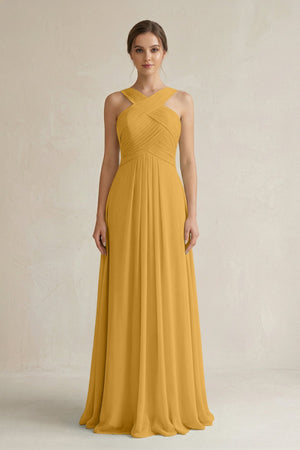 Cross Halter Chiffon A - Line Pleated Bridesmaid Dress in Marigold - SHE IS ME Bridesmaid Dresses