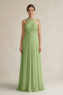 Cross Halter Chiffon A - Line Pleated Bridesmaid Dress in Matcha - SHE IS ME Bridesmaid Dresses