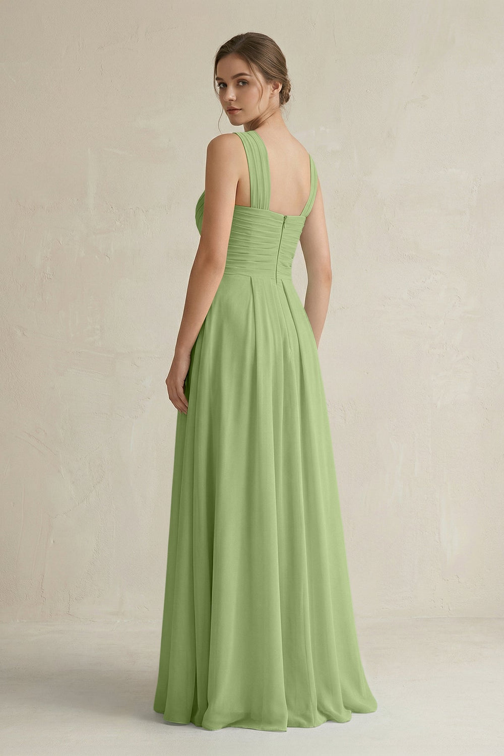Cross Halter Chiffon A - Line Pleated Bridesmaid Dress in Matcha - SHE IS ME Bridesmaid Dresses